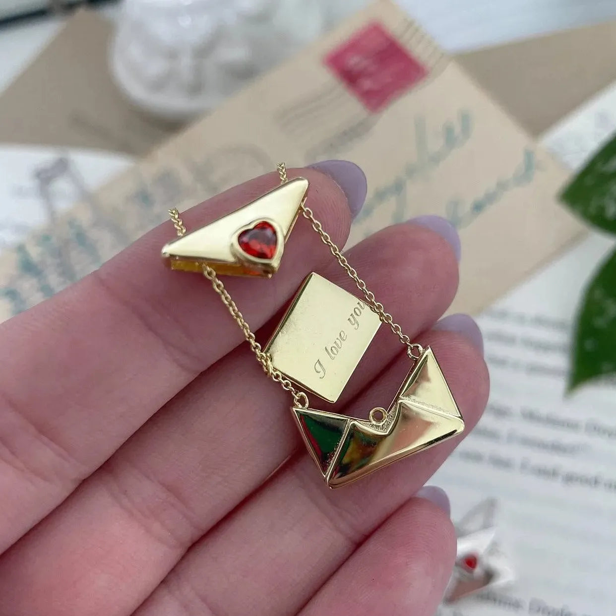 Vintage Heart Zircon I Love You Square Metal Pendant Openable Envelope Necklace Stainless Steel Choker Jewelry