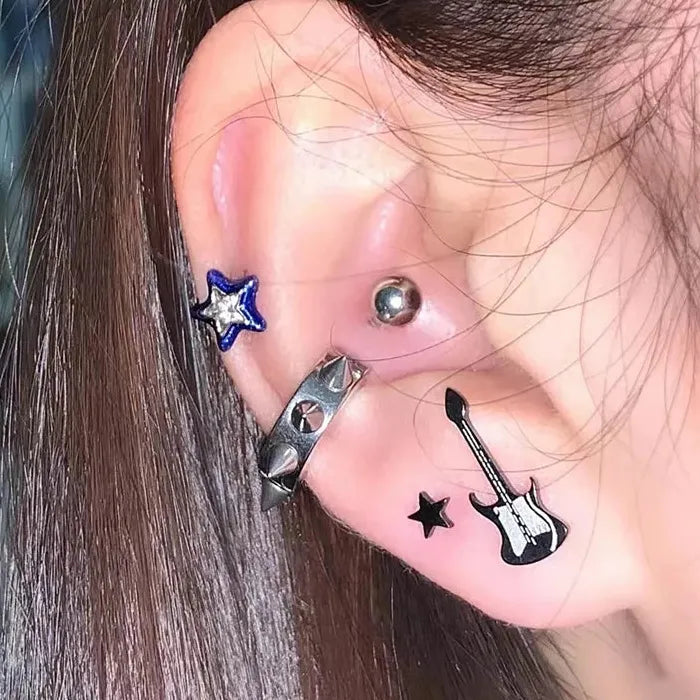 Star Guitar Punk Goth Titanium Steel Stud Earrings for Men Women