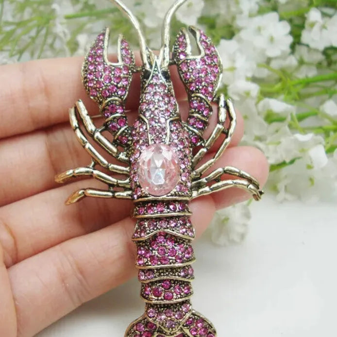 Pink Champagne Lobster Brooch Pin Rhinestone Crystal Corsage Jewelry