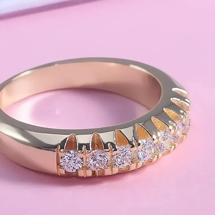 Golden Brass Office Lady Ring with Cubic Zirconia Halo, Geometric Design, Sizes 6-10, Casual Female Jewelry