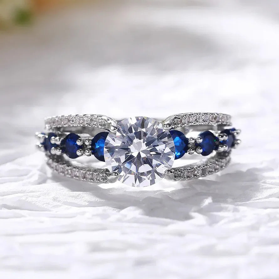 Sapphire Blue Zircon Hollow Out Ring for Women Zinc Alloy Engagement Jewelry