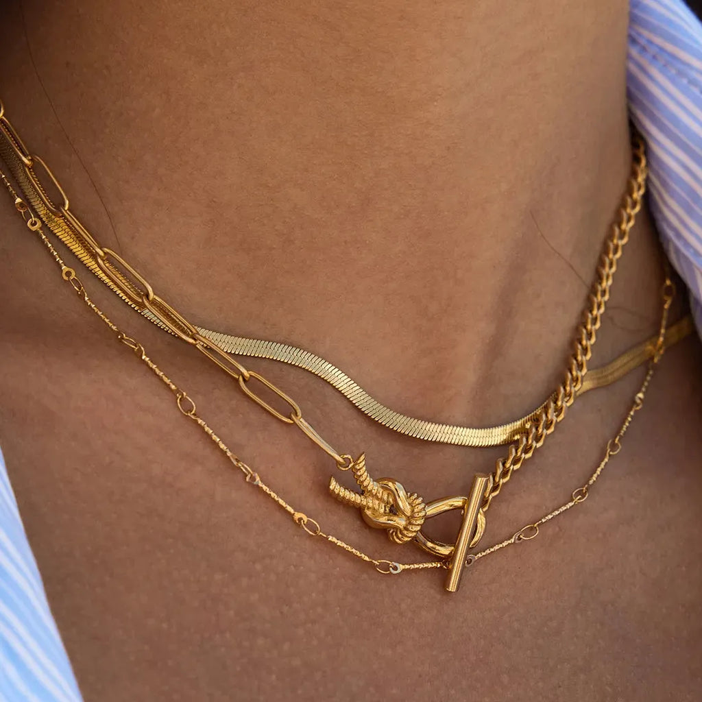 18k Gold Plated Stainless Steel Knot Necklace Waterproof Snake Chain Jewelry