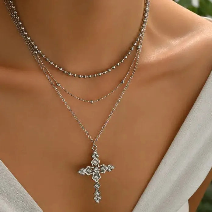 Neo-Gothic Rhinestone Cross Pendant Necklace Punk Choker for Women