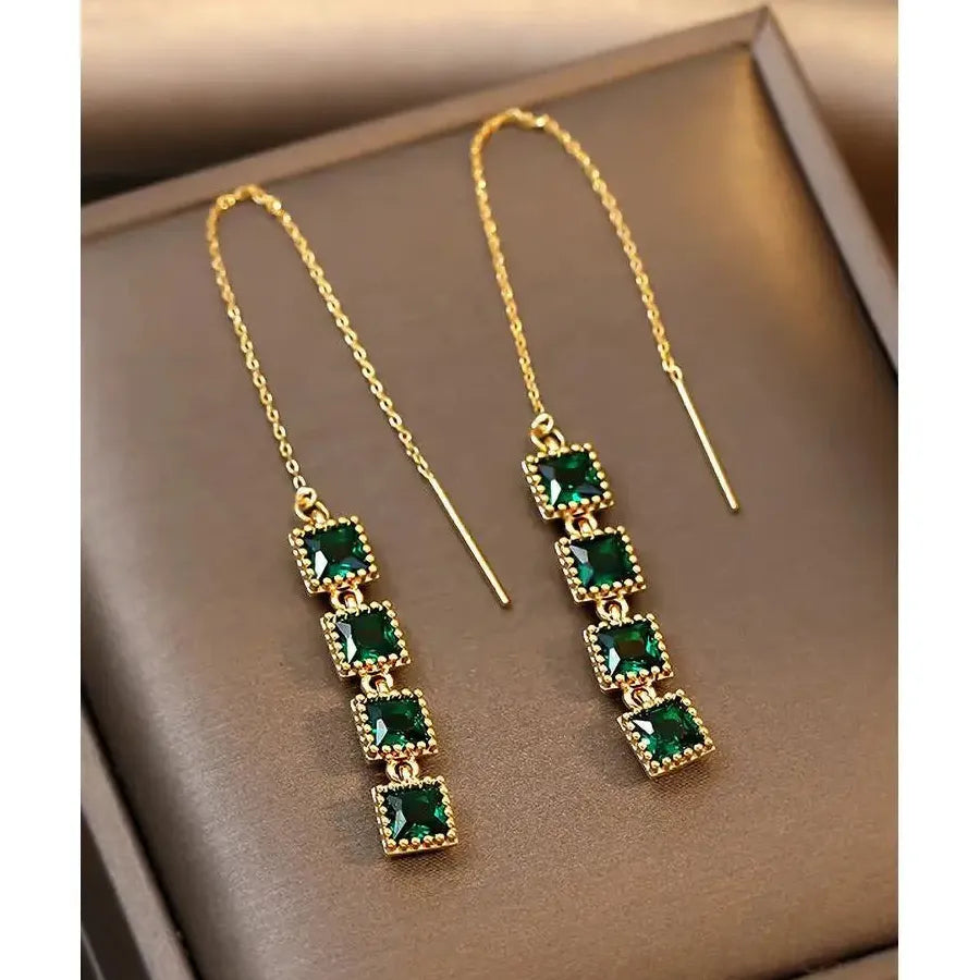 Green Small Square Zircon Drop Earrings for Women Tassel Piercing Christmas Gift