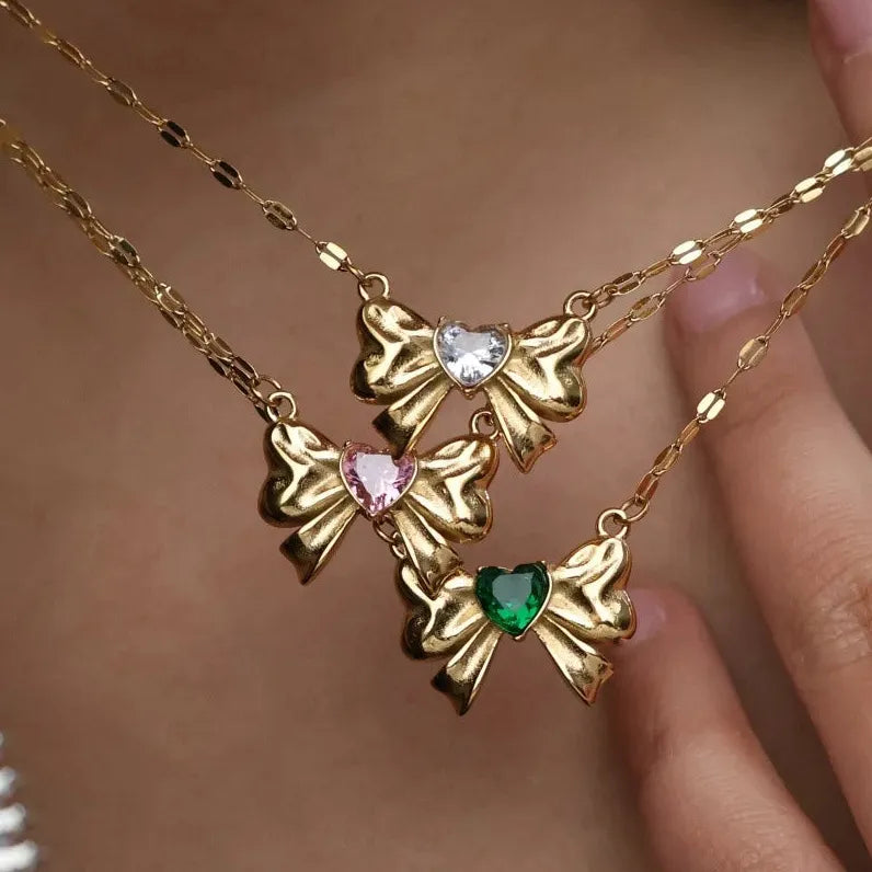 18K Gold Plated Stainless Steel Bow Necklace Women Multicolor Heart Zircon Gift Jewelry