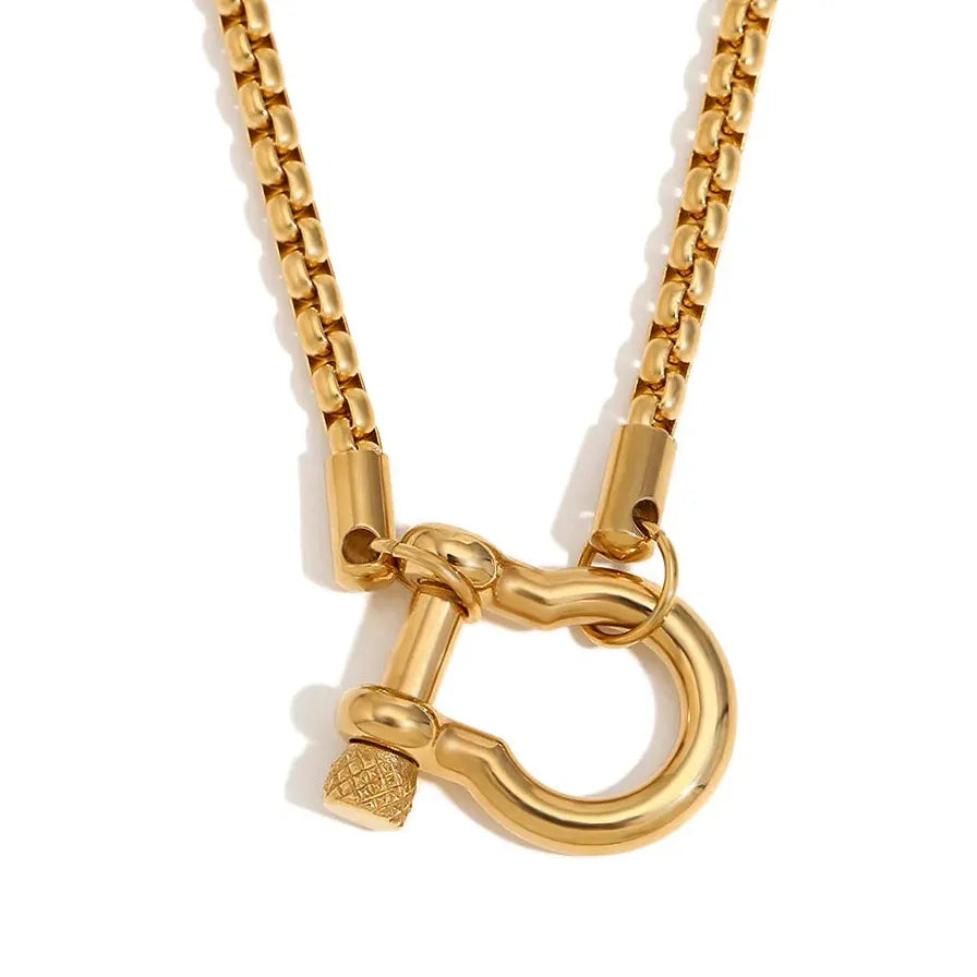 Vintage Chunky Square Metal Chain Horseshoe Necklace 316L Stainless Steel Choker Pendant