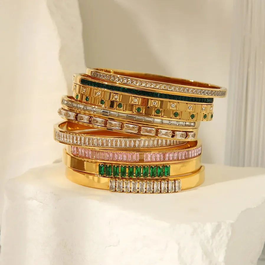 18K Gold Plated Stainless Steel Zircon Rhinestone Twist Open Bangle Bracelet Women