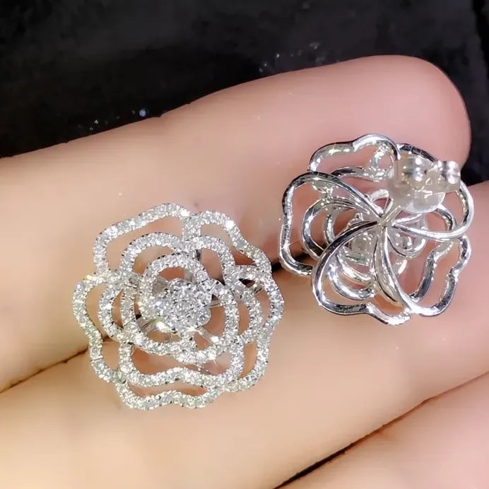 Geometric Hollow Flower CZ Stud Earrings Full Pave Bling for Women