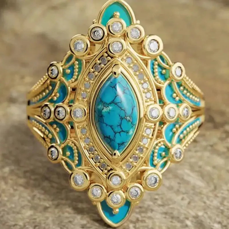 Vintage Bohemian Copper Ring for Women with Cubic Zirconia Antique Gold Carving