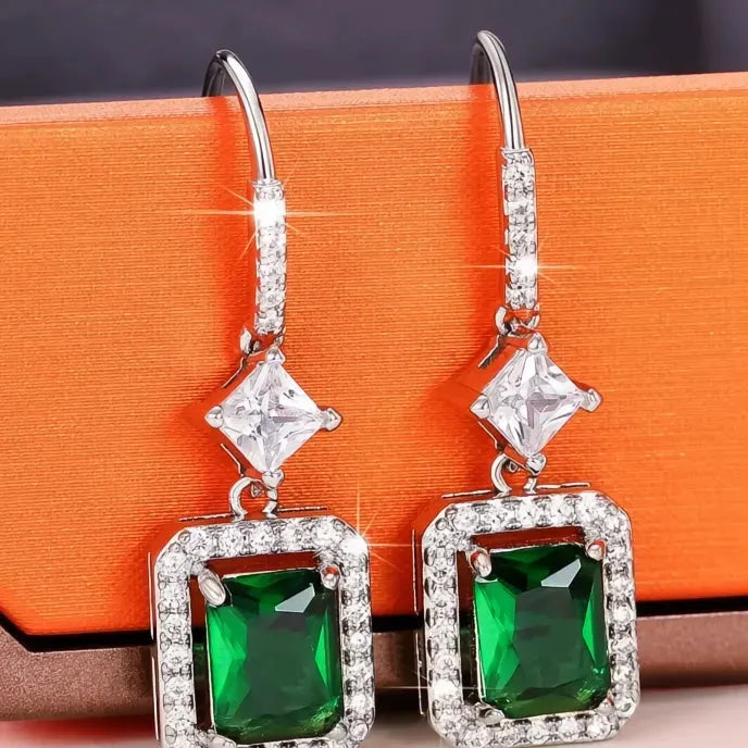 Green Cubic Zirconia Geometric Drop Earrings for Women Copper Alloy Jewelry