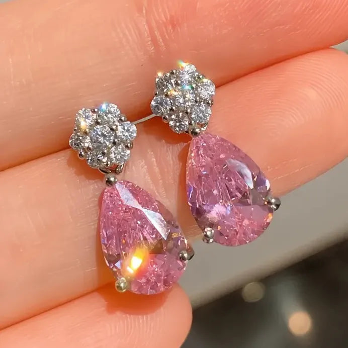 Pear Shape Pink Cubic Zirconia Dangle Earrings Silver Tone Jewelry