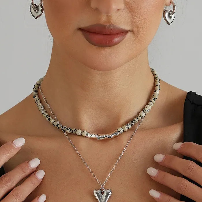 Speckled Stone Heart Pendant Necklace & Drop Earrings Set for Women