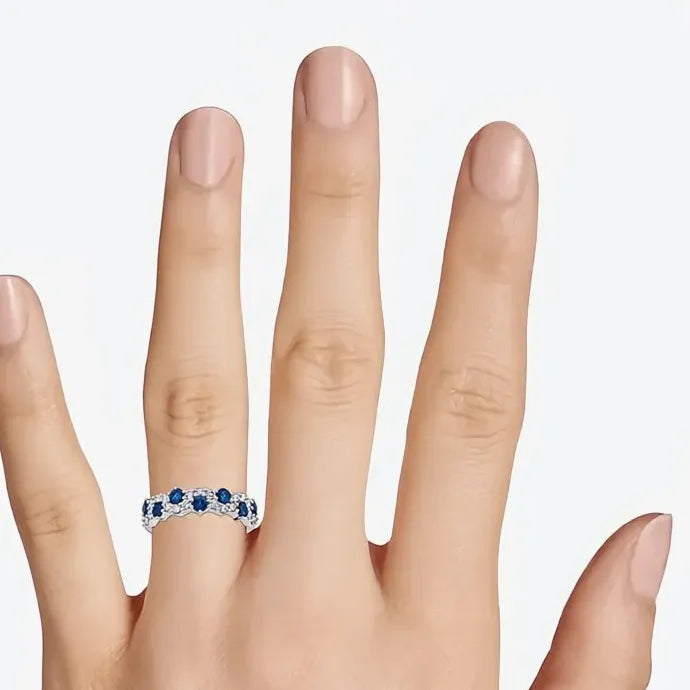 Silver Women Rings Blue White CZ Wedding Band Geometric Brass Jewelry