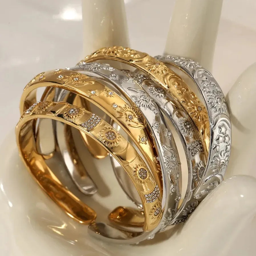 18K Gold Plated Stainless Steel Sun Moon Star Bangle Bracelet Waterproof Charm Jewelry