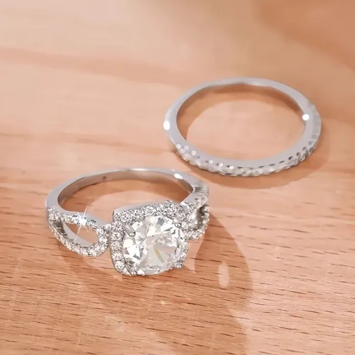 Brass Cubic Zirconia Wedding Band Set Delicate Promise Rings