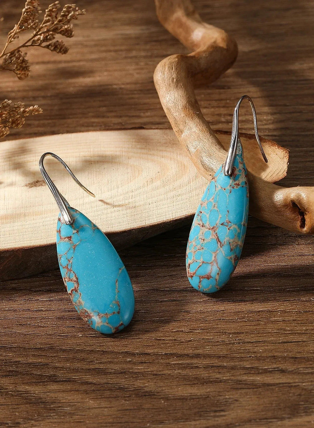 Boho Silver Teardrop Dangle Earrings with Red Jasper Natural Stone for Women
