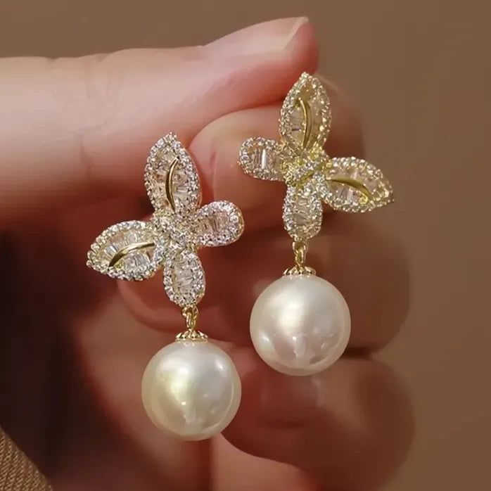 Butterfly Drop Earrings with Imitation Pearl & Sparkling CZ, Brass Jewelry