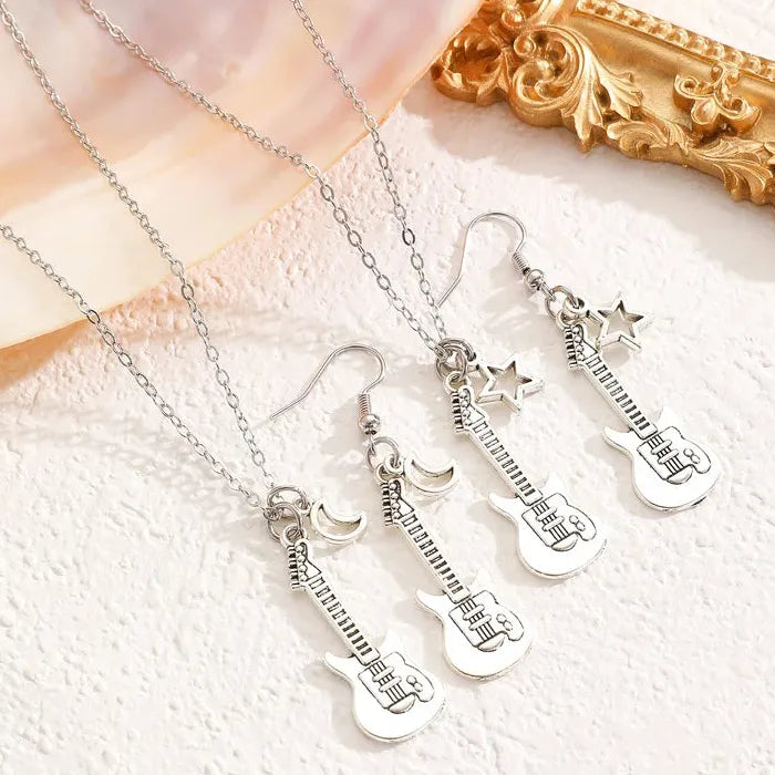 Guitar Star Moon Pendant Necklace and Earrings Zinc Alloy Jewelry Gift