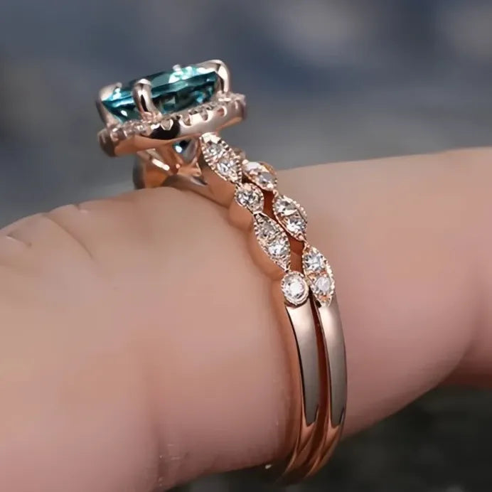 2Pcs Rose Gold Wedding Rings Set Thin Band Blue Cubic Zirconia Stones