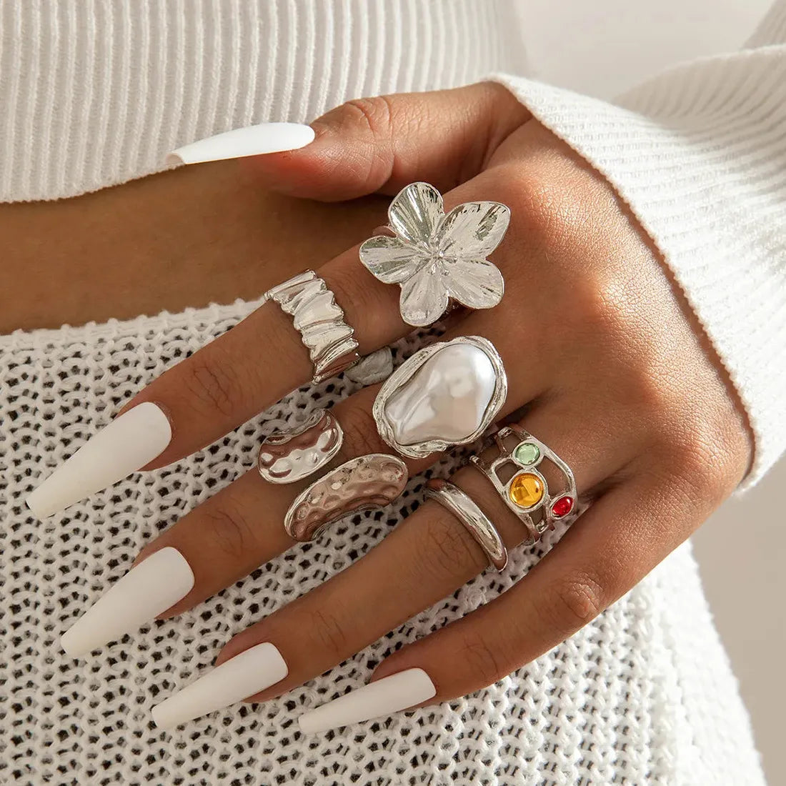 7Pcs Vintage Irregular Geometric Flower Pearl Rings Set for Women Fashion Jewelry