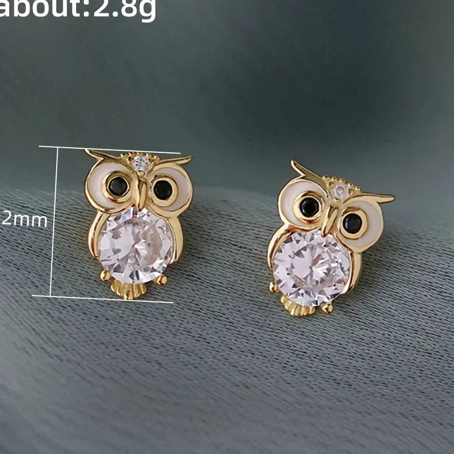 Gold Color Owl Stud Earrings Women Cubic Zirconia Night Owl Jewelry Cute Gift Party