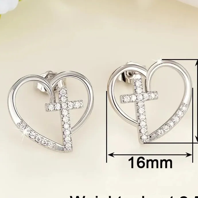 Heart Cross Cubic Zirconia Stud Earrings Copper Alloy Religious Jewelry Gift