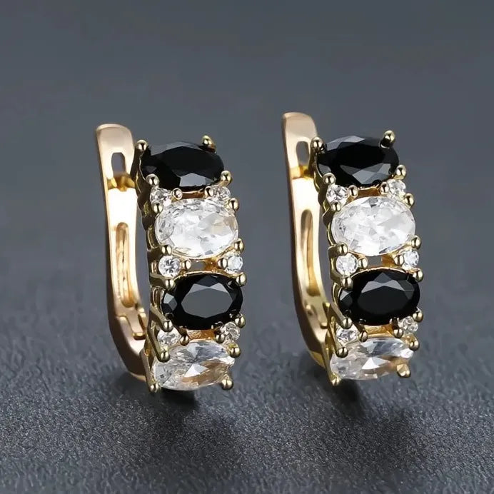 Geometric Gold, White & Black Cubic Zirconia Hoop Earrings for Women