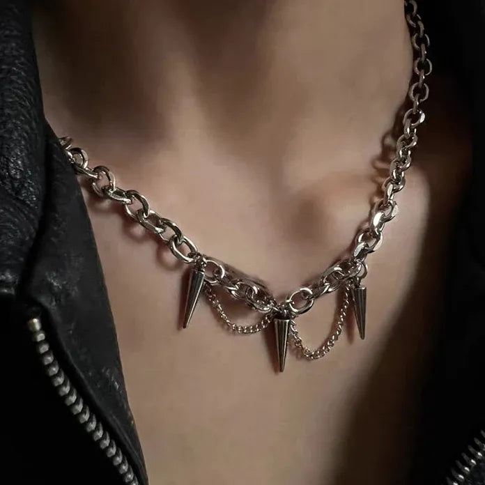 Punk Gothic Silver Cone Pendant Necklace Featuring Tassel Chain for Women