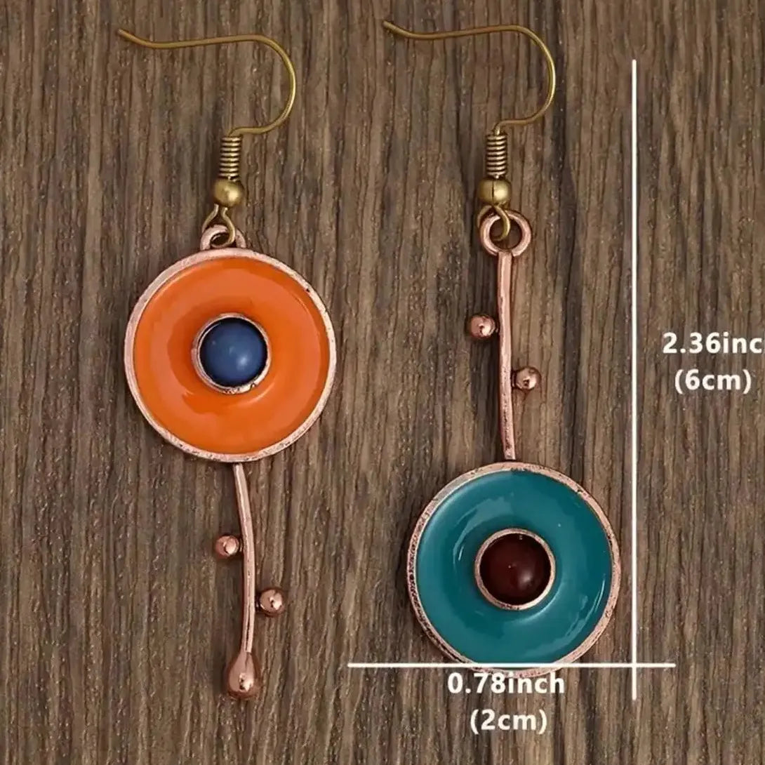 Bronze Metal Drop Earrings with Orange Blue Stone for Women Ethnic Jewelry