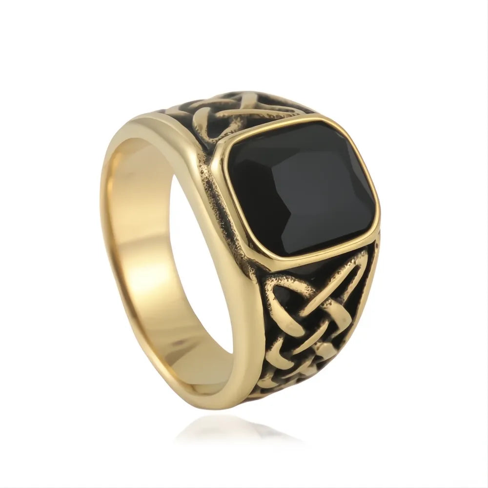 316L Stainless Steel Punk Vintage Red Stone Square Signet Ring Viking Nordic Unisex