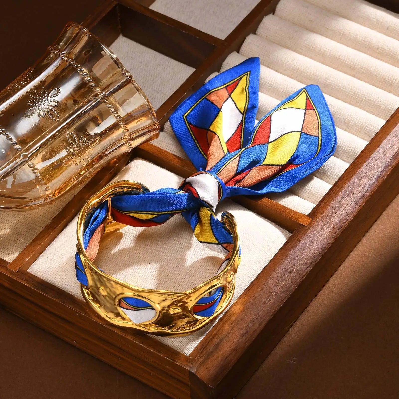 Gold Plated Stainless Steel Hollow Open Bangle Silk Scarf Bracelet Women