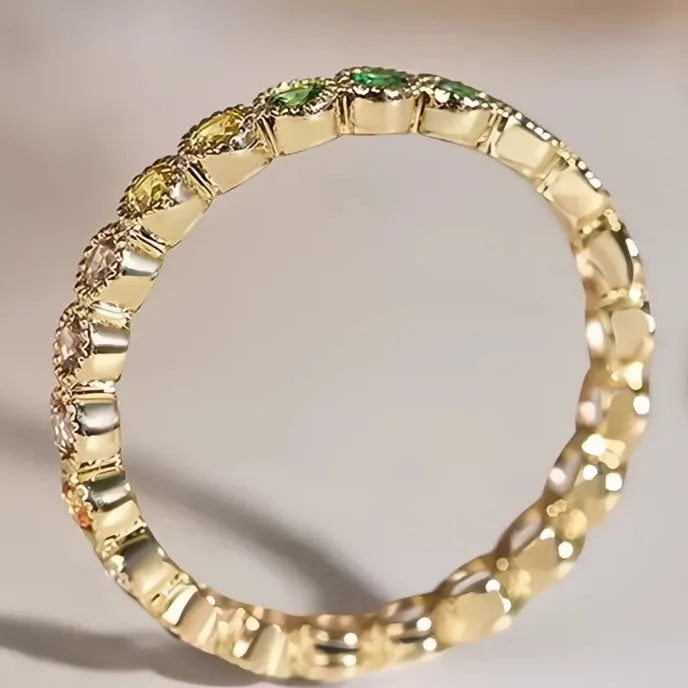 Colorful Rainbow Cubic Zirconia Promise Ring for Women Gold Tone Trendy Wedding Jewelry