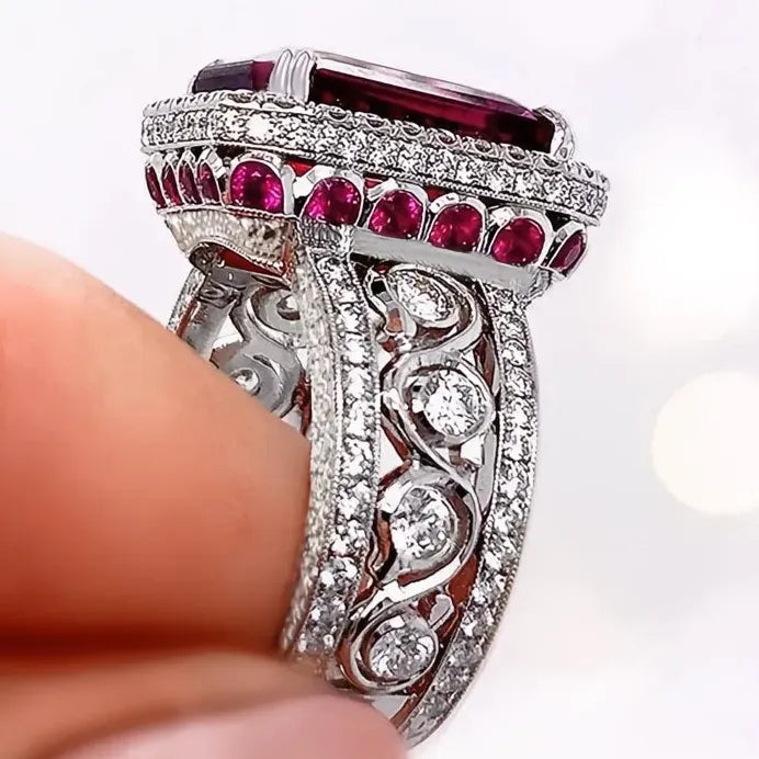 Luxury Red Cubic Zirconia Cocktail Ring for Women Bridal Statement Jewelry