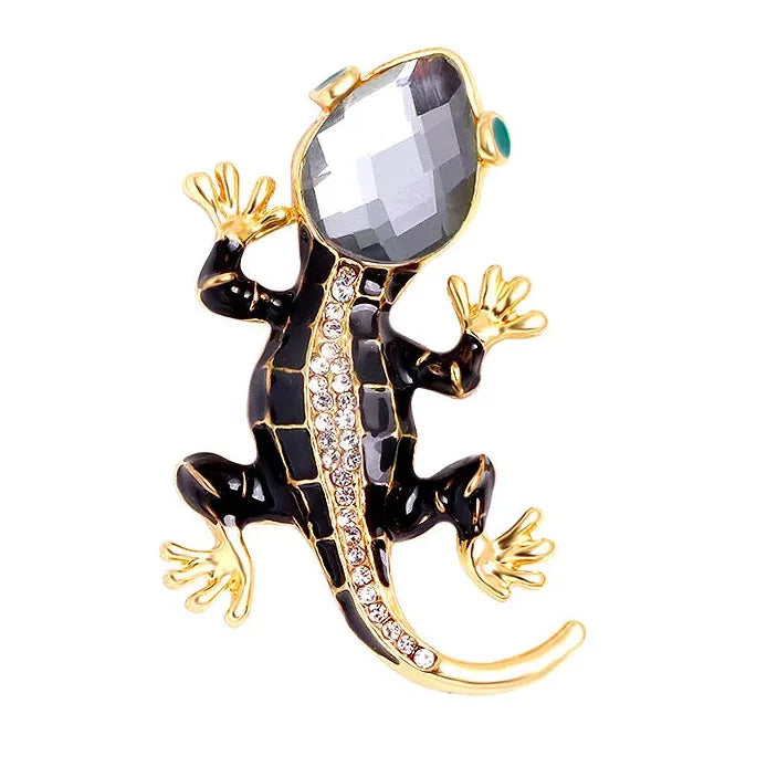 Black Enamel Lizard Brooch Pin with Rhinestones for Women Jewelry