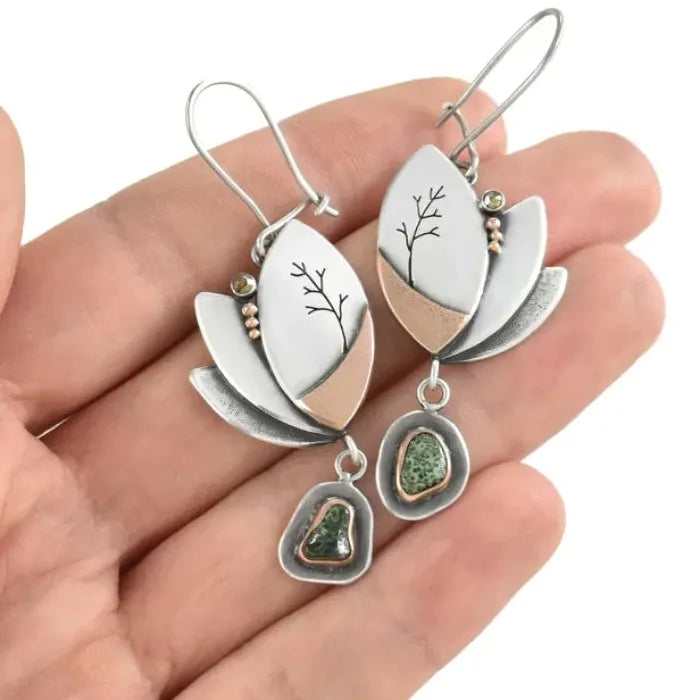 Silver Rose Gold Oval Tree Geometry Long Dangle Earrings for Women Zinc Alloy Jewelry
