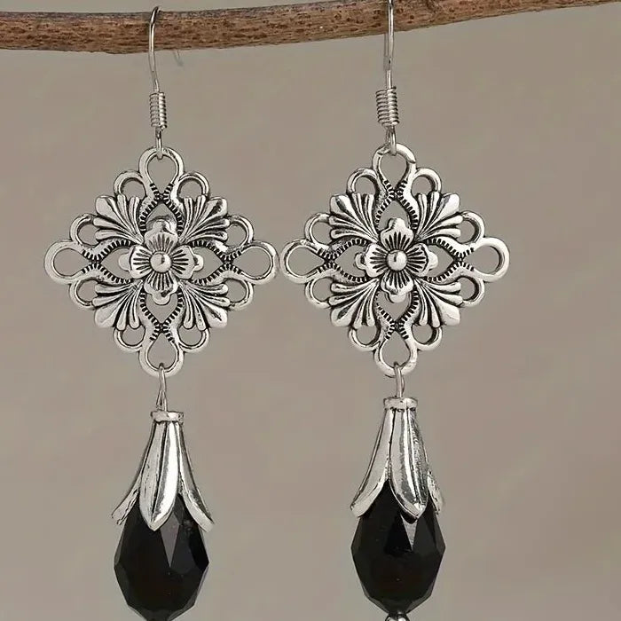 Vintage Silver Zinc Alloy Black Stone Geometric Hollow Flower Earrings for Women