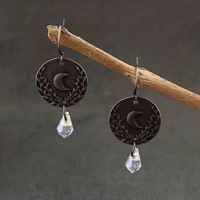 Vintage Red Copper Moon Pattern Drop Earrings for Women with Crystal Pendant Jewelry
