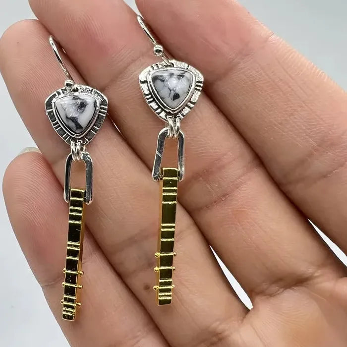 Vintage Geometric Irregular Triangle Black & White Synthetic Stone Drop Earrings for Women