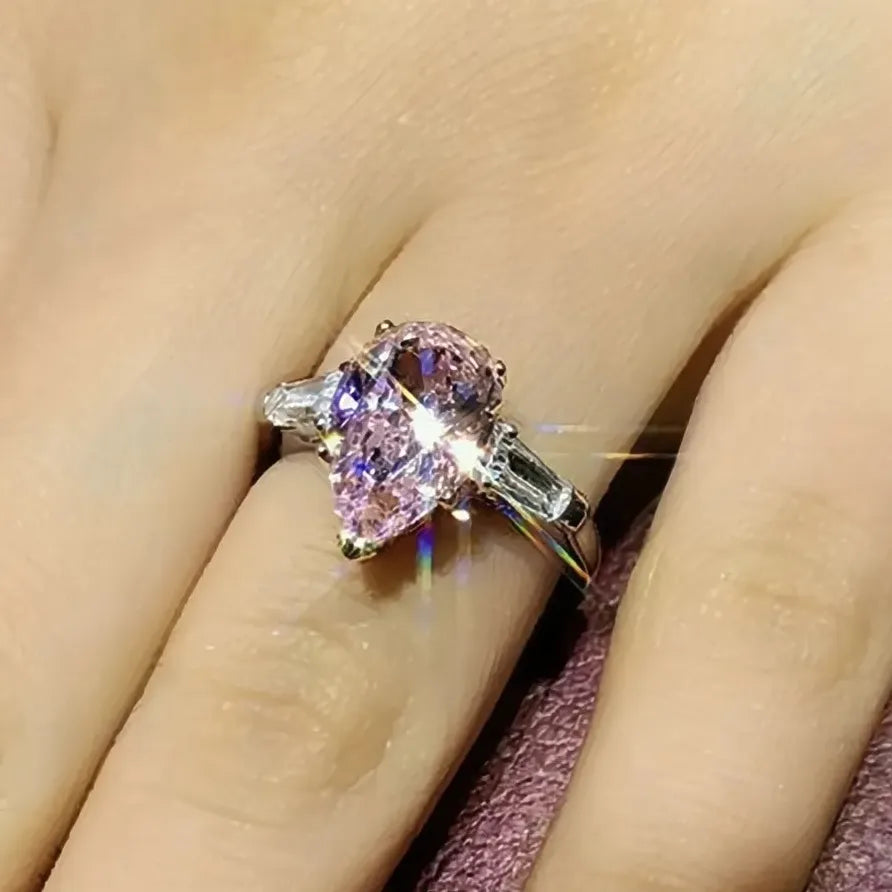 Pear Pink Cubic Zirconia Brass Geometric Engagement Wedding Band Ring Women