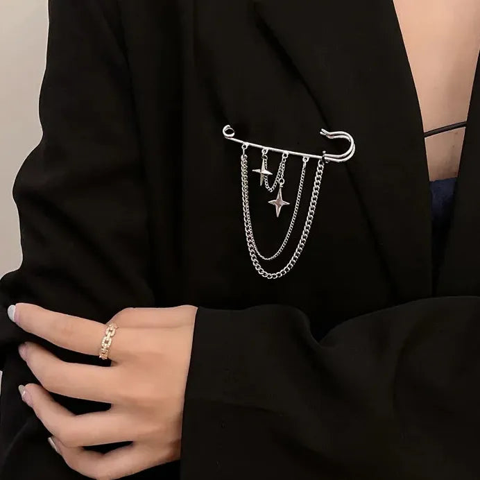 Geometric Zinc Alloy Brooch Double Pin Chain Clip for Men and Women