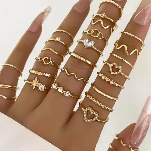 30Pcs Adjustable Vintage Gold Zircon Heart Butterfly Rings Set for Women