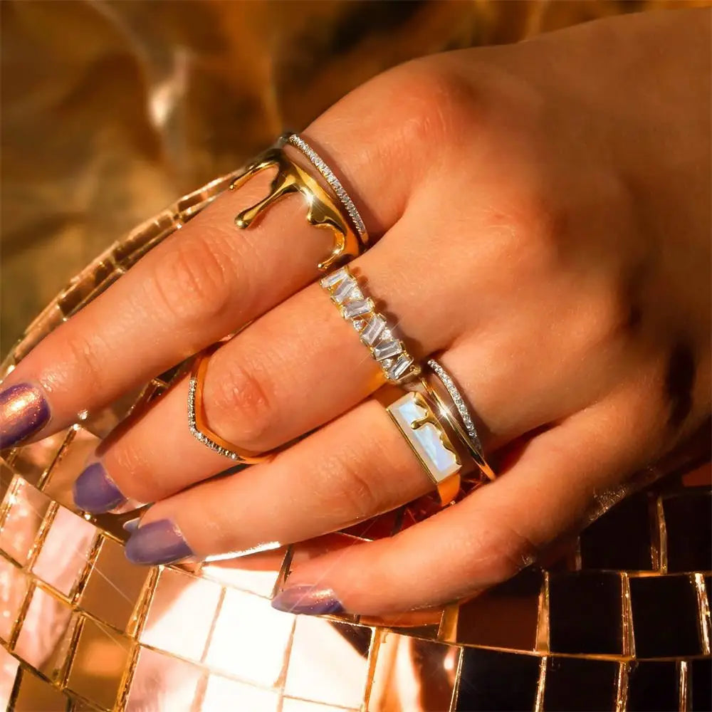 18K Gold Plated Stainless Steel Geometric Lava Melt Waterdrop Ring Bride Wed Party