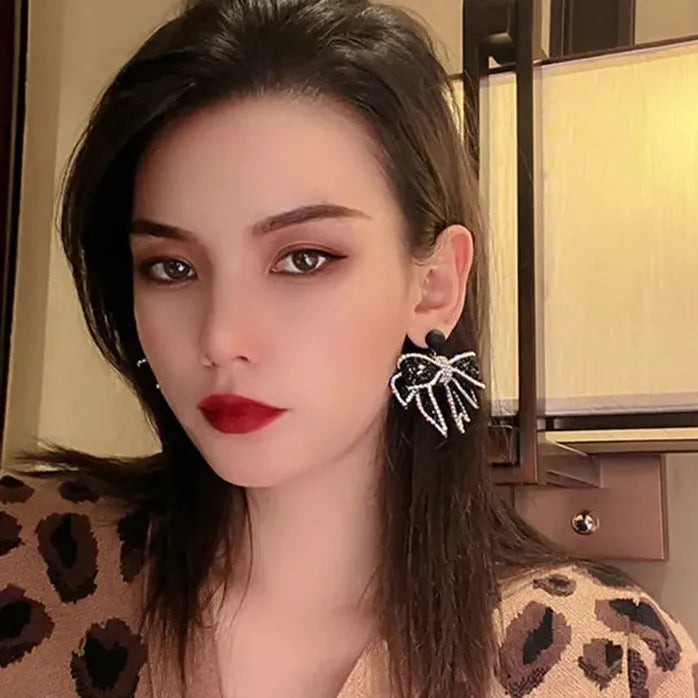 Korean Style Black Bowknot Rhinestone Drop Earrings for Women Jewelry