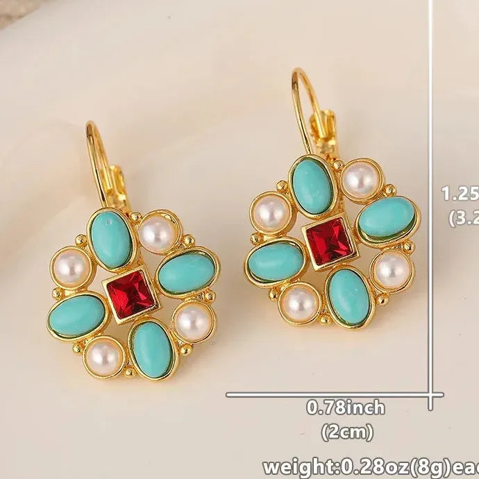 Ethnic Style Imitation Turquoise Drop Earrings Vintage Gold Color Jewelry Gift