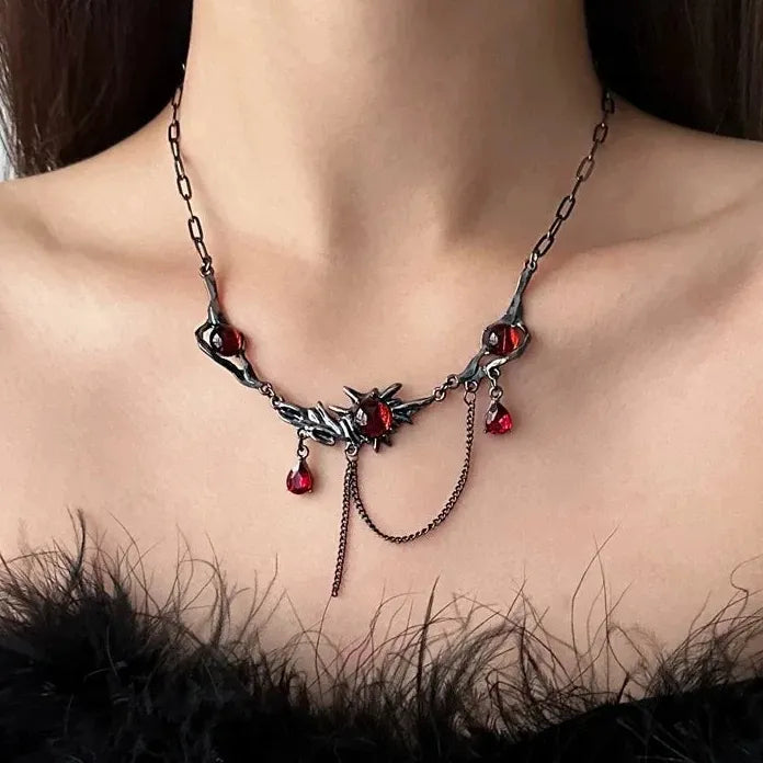 Black Stainless Steel Chain Necklace with Red Zircon Waterdrop Pendant