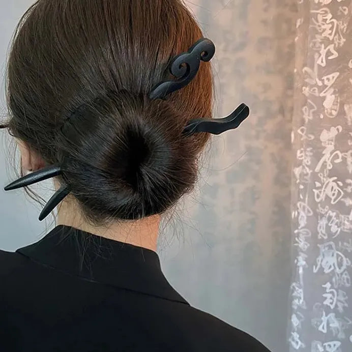 Carved Black Wooden Hair Sticks Traditional Chinese Hair Fork for Women