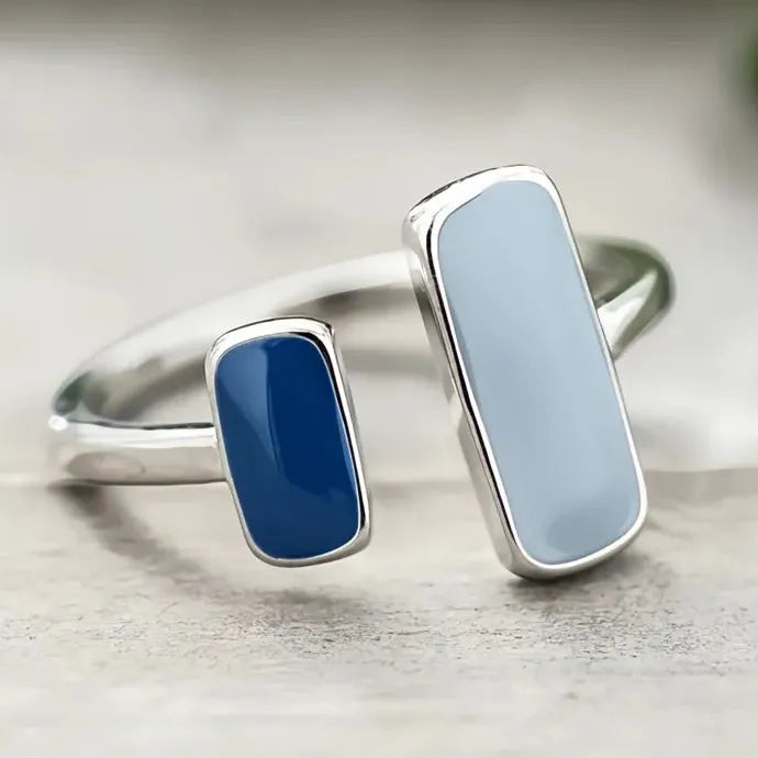 Blue Enamel Silver Color Women’s Geometric Fashion Ring Brass Epoxy Coated