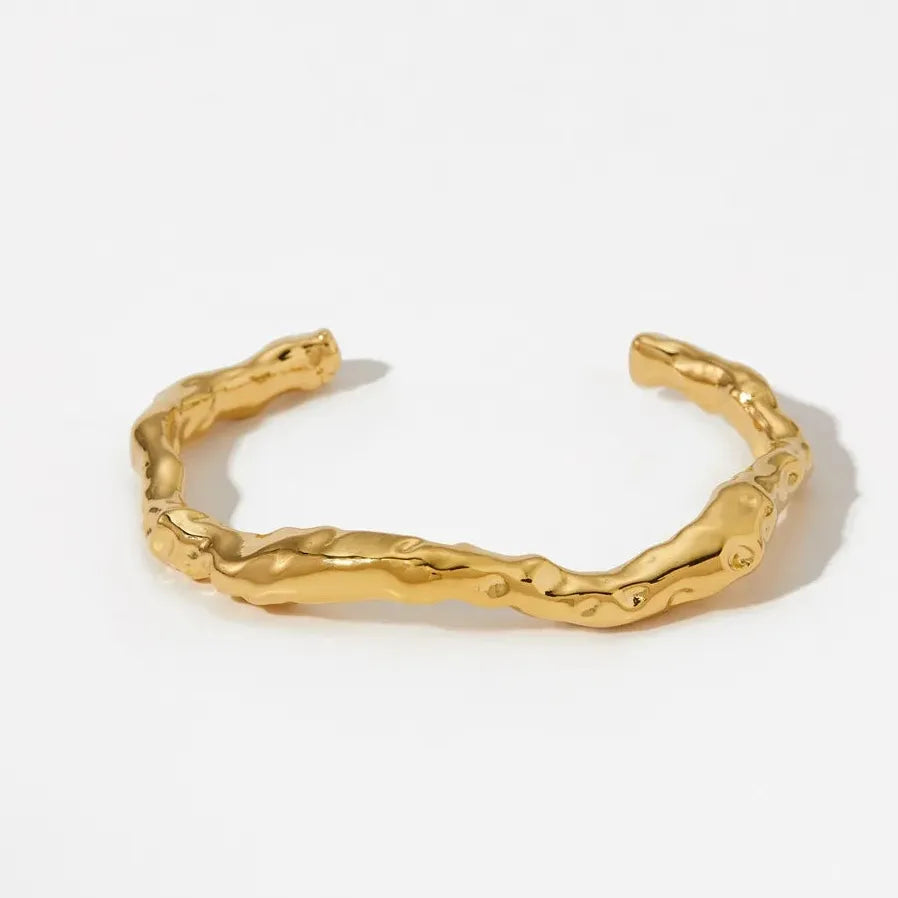 18K Gold Plated Stainless Steel Geometric Ripple Twist Open Cuff Bracelet Women