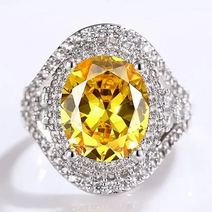Luxury Yellow & White Oval Cubic Zirconia Cocktail Ring Jewelry
