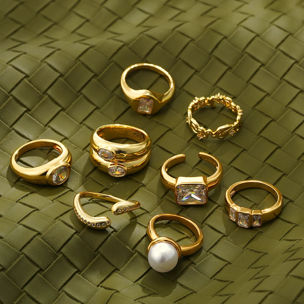 18K Gold Plated Zircon Wedding Ring for Women Stainless Steel Geometric Band